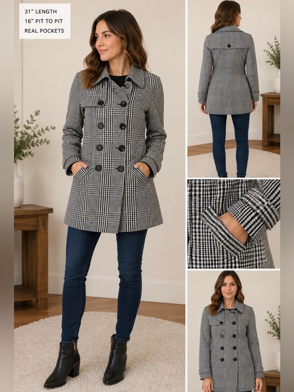 BCX Black and White Gingham A-line trench